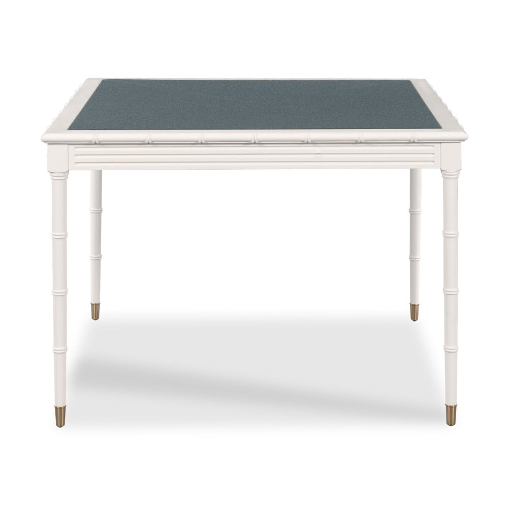 A square dining table with a white faux-bamboo style frame and a dark slate-gray top, shown from a front angle on a white background.