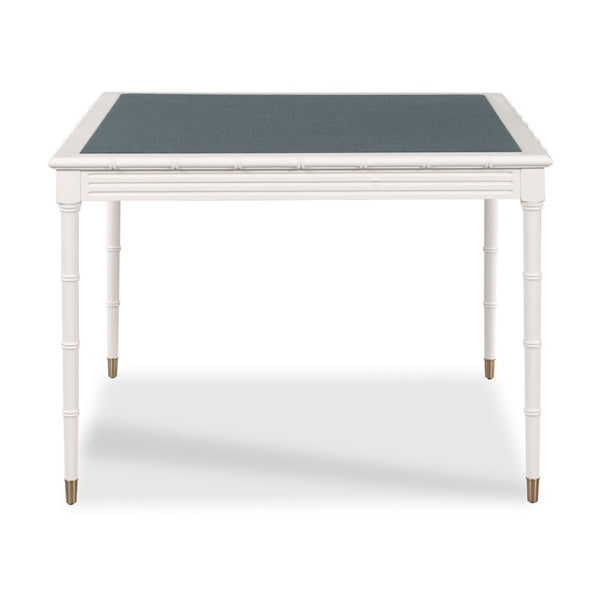 A square dining table with a white faux-bamboo style frame and a dark slate-gray top, shown from a front angle on a white background.