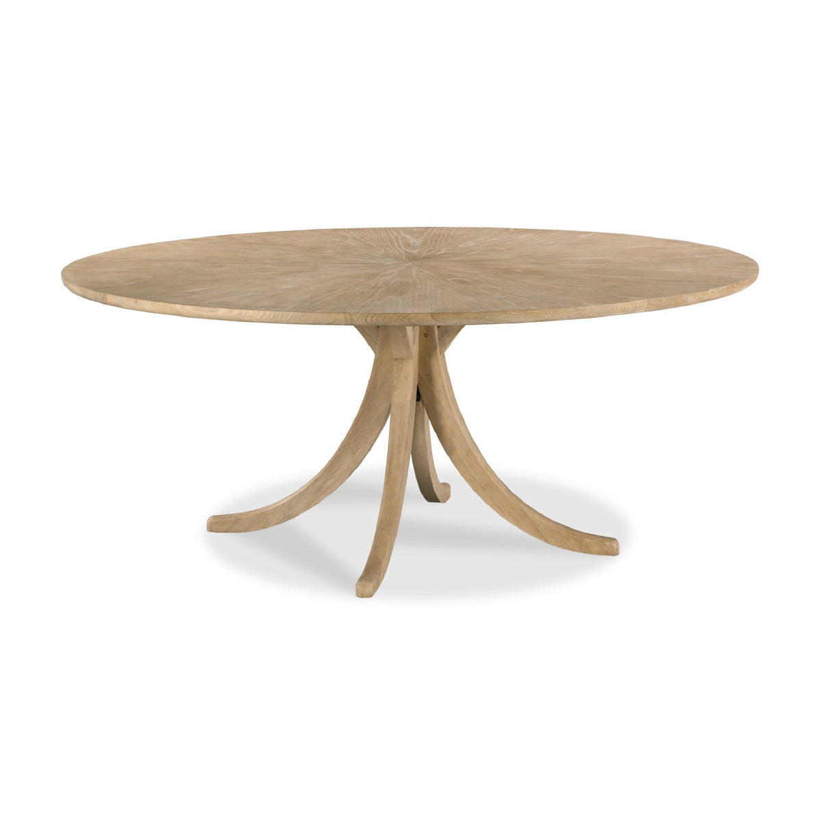A round wooden dining table with a light oak finish, featuring a natural wood grain top and three curved legs that converge at the center, shown on a white background.