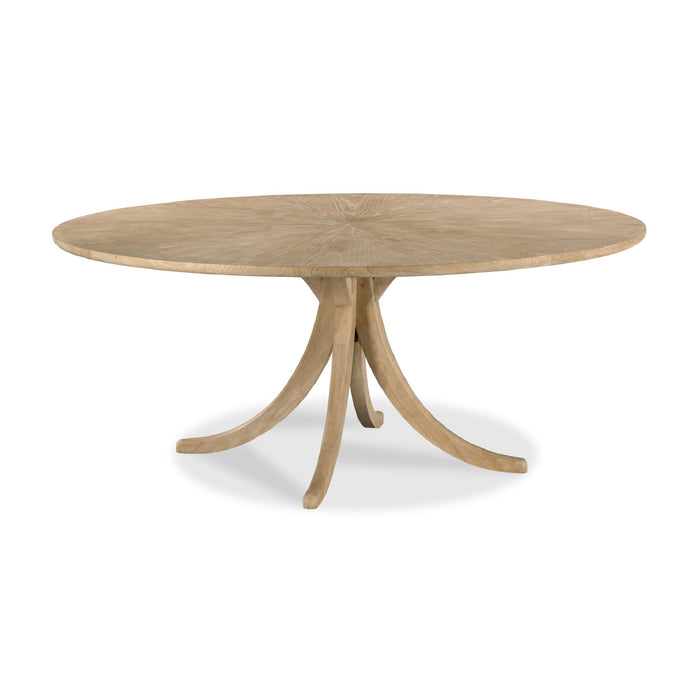 A round wooden dining table with a light oak finish, featuring a natural wood grain top and three curved legs that converge at the center, shown on a white background.