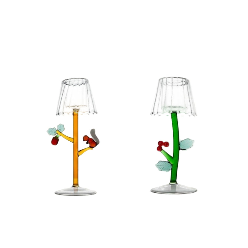 Two colorful lamps with transparent shades on a beige background