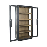 tall black frame cabinet natural wood shelves glass door side 