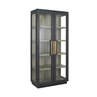 tall black frame cabinet natural wood shelves glass door side 