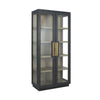 tall black frame cabinet natural wood shelves glass door side 