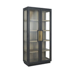 tall black frame cabinet natural wood shelves glass door side 