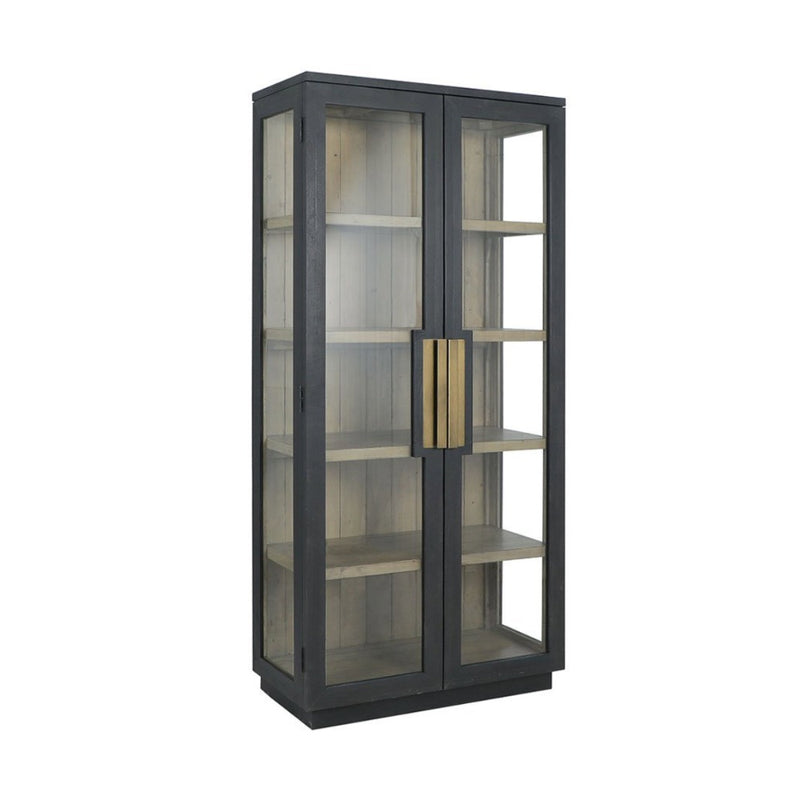tall black frame cabinet natural wood shelves glass door side 