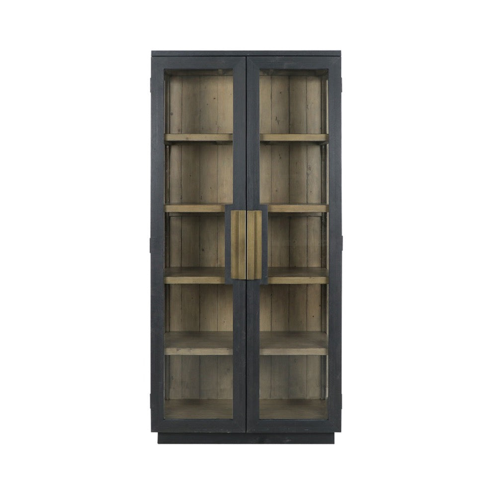 tall black frame cabinet natural wood shelves glass door side 