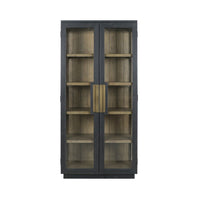 tall black frame cabinet natural wood shelves glass door side 