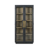 tall black frame cabinet natural wood shelves glass door side 
