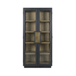 tall black frame cabinet natural wood shelves glass door side 