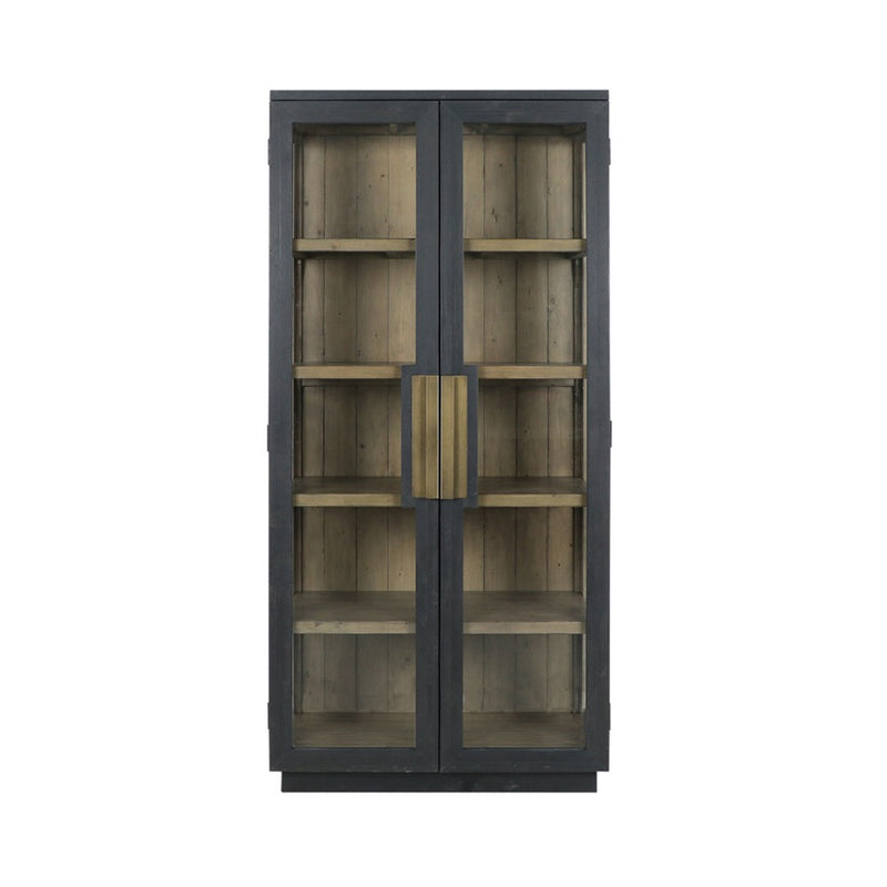 tall black frame cabinet natural wood shelves glass door side 