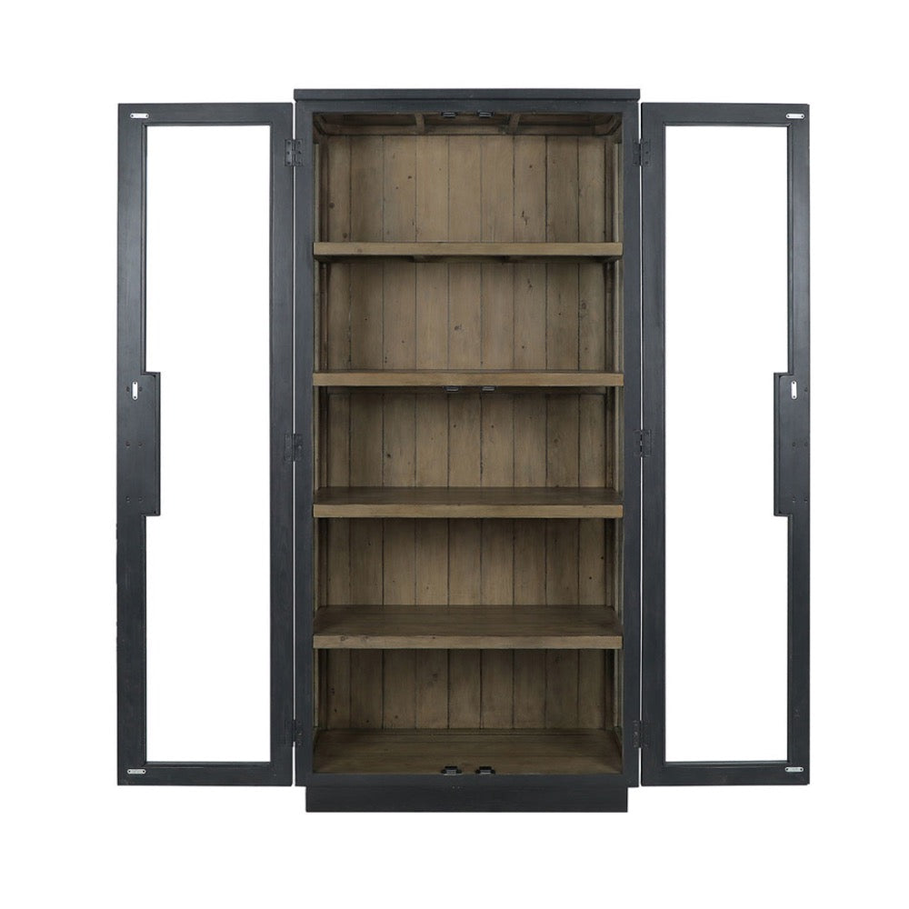 tall black frame cabinet natural wood shelves glass door side 