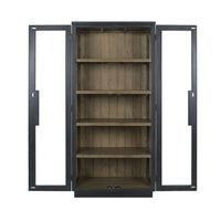 tall black frame cabinet natural wood shelves glass door side 