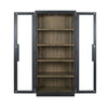 tall black frame cabinet natural wood shelves glass door side 