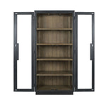 tall black frame cabinet natural wood shelves glass door side 