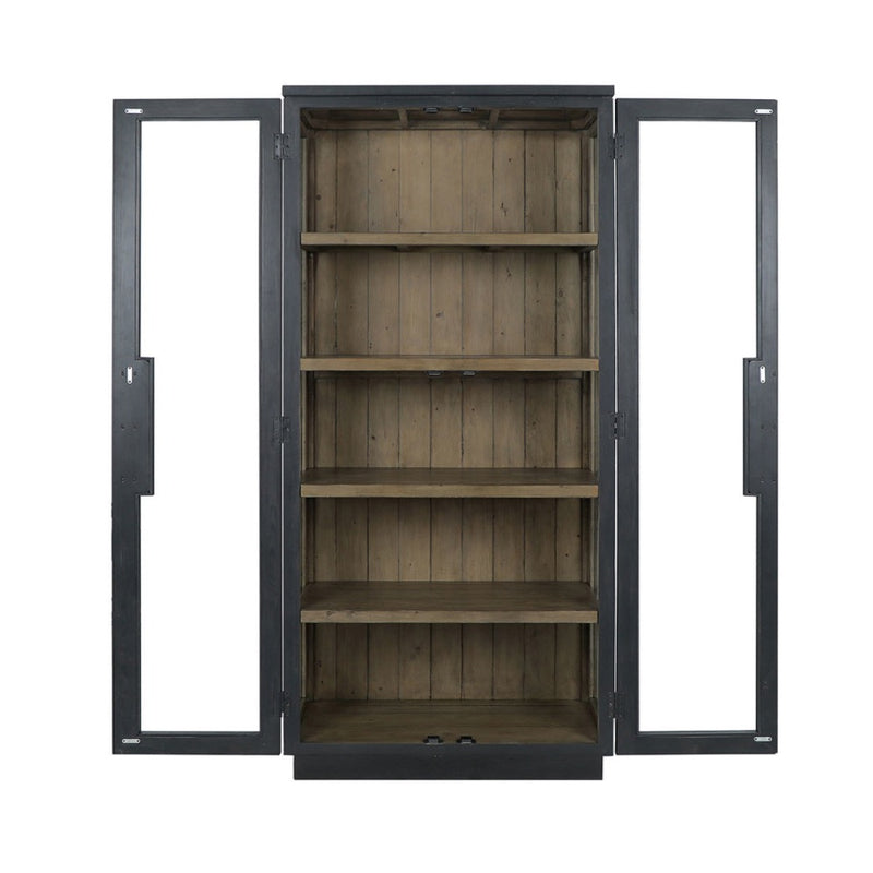 tall black frame cabinet natural wood shelves glass door side 