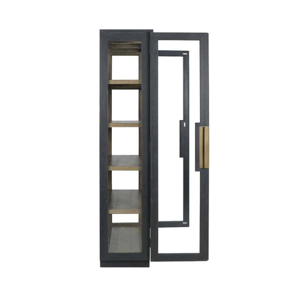 tall black frame cabinet natural wood shelves glass door side 