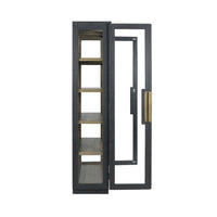 tall black frame cabinet natural wood shelves glass door side 