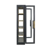 tall black frame cabinet natural wood shelves glass door side 