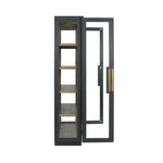 tall black frame cabinet natural wood shelves glass door side 