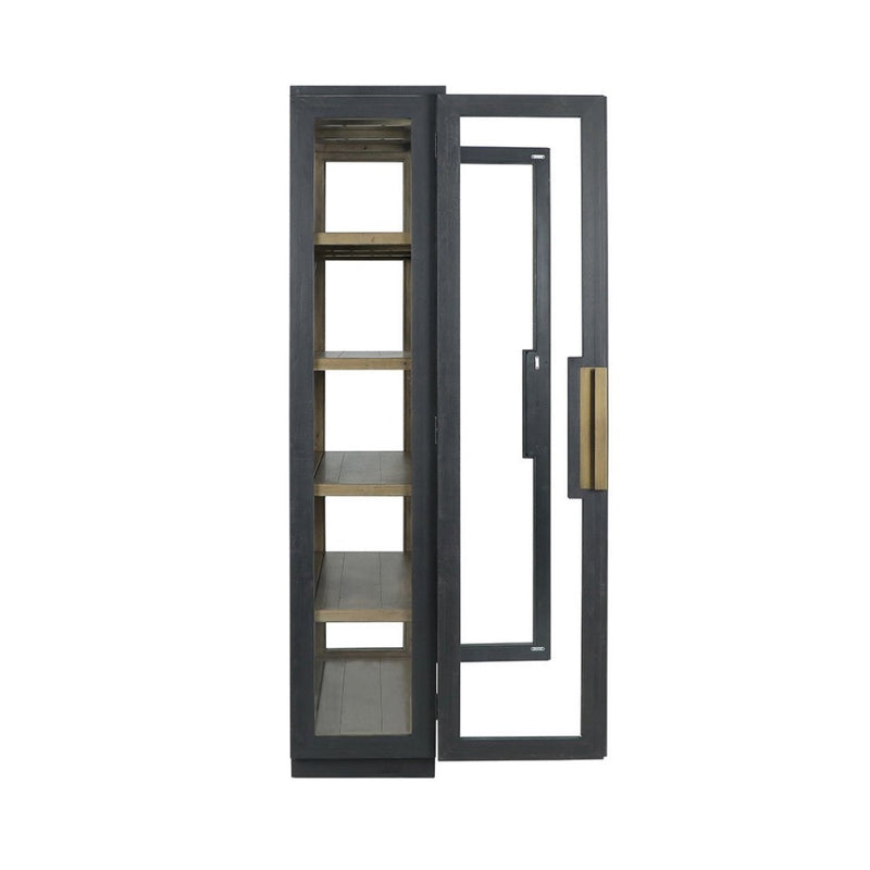 tall black frame cabinet natural wood shelves glass door side 