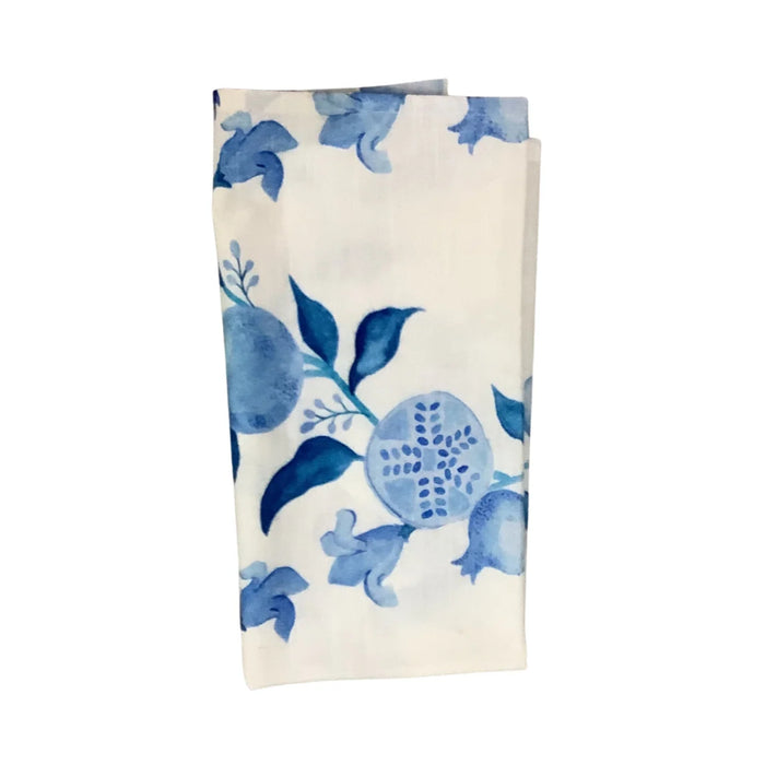 Abigails Blue Pomegranate Napkins (set of 8) feature a blue pomegranate floral design—perfect for any table setting.