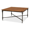 square coffee table parquet wood top gunmetal iron base X-stretcher