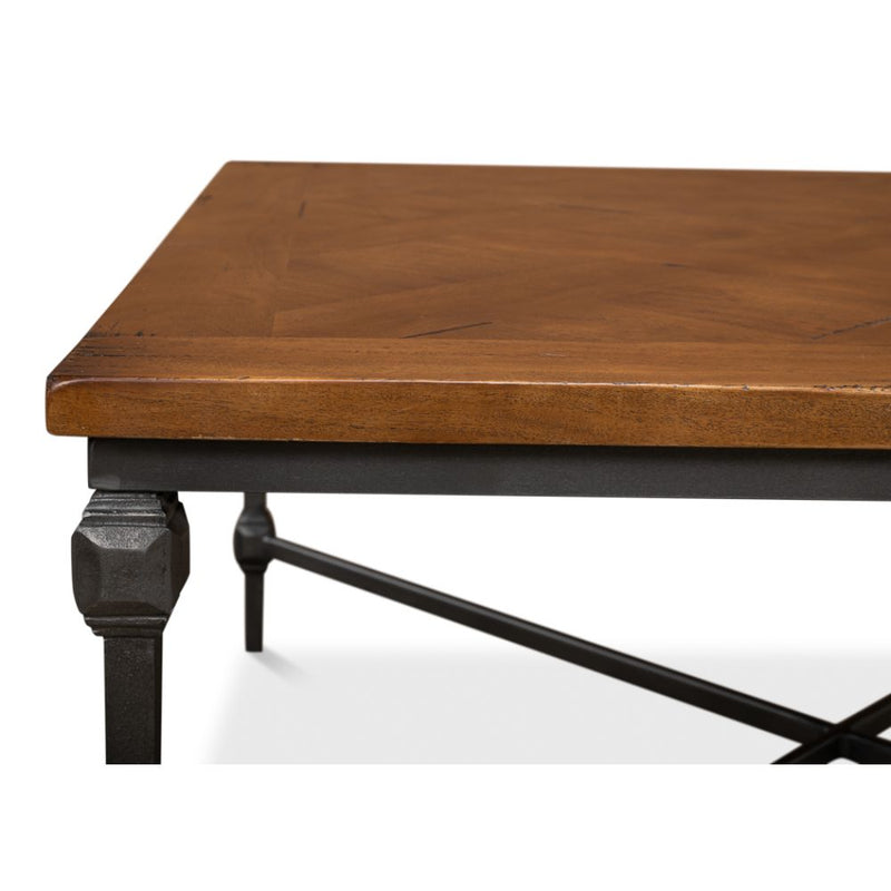 square coffee table parquet wood top gunmetal iron base X-stretcher