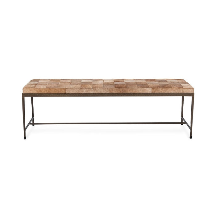 bench iron open base tan hair hide cushion
