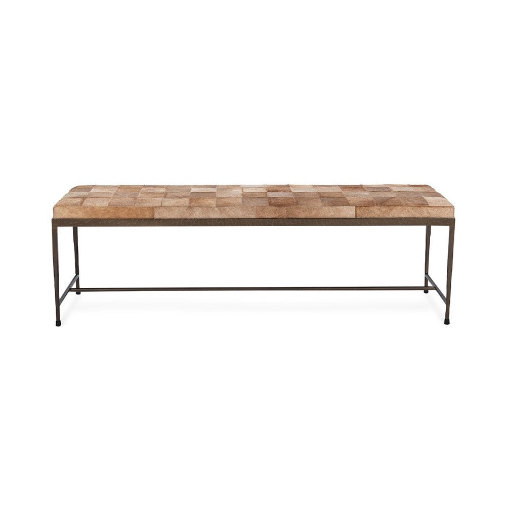 bench iron open base tan hair hide cushion