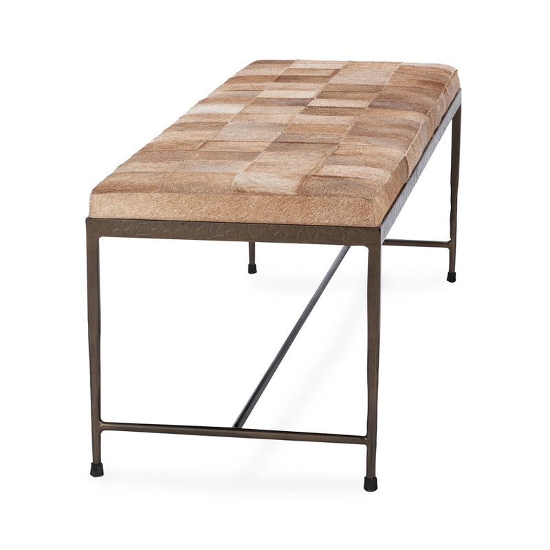 bench iron open base tan hair hide cushion