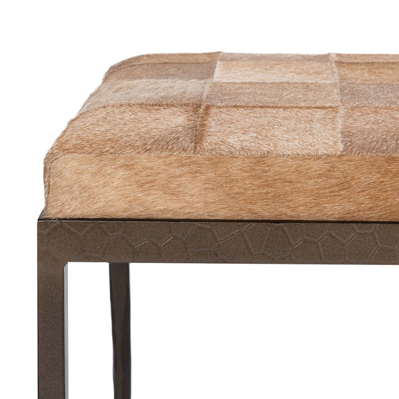 bench iron open base tan hair hide cushion