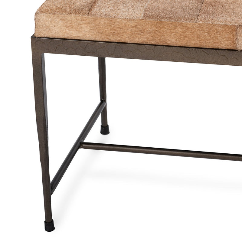 bench iron open base tan hair hide cushion