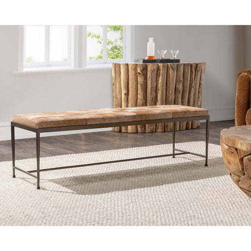 bench iron open base tan hair hide cushion