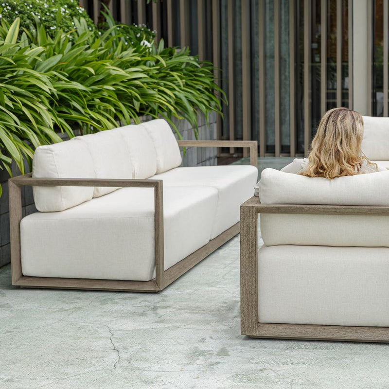 outdoor sofa weathered gray finish upholstered seat 