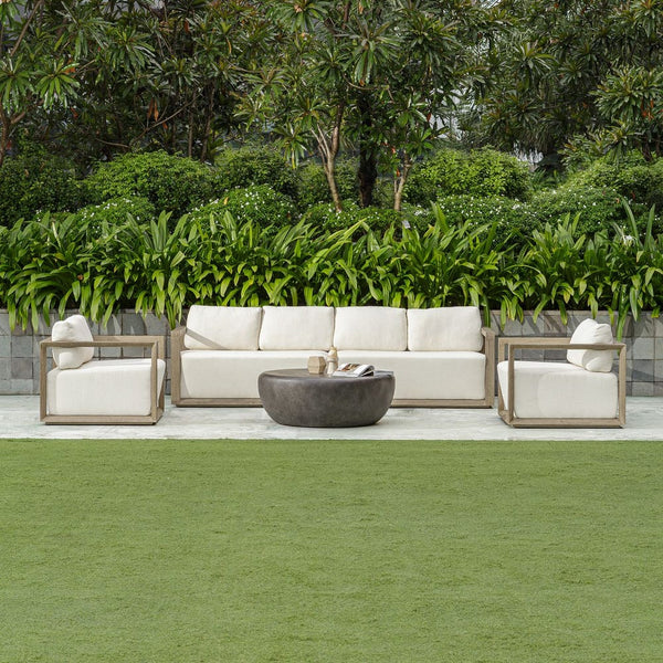 outdoor sofa weathered gray finish upholstered seat 