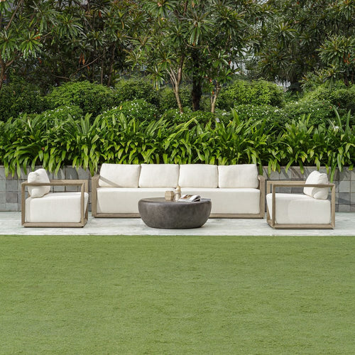 outdoor sofa weathered gray finish upholstered seat 