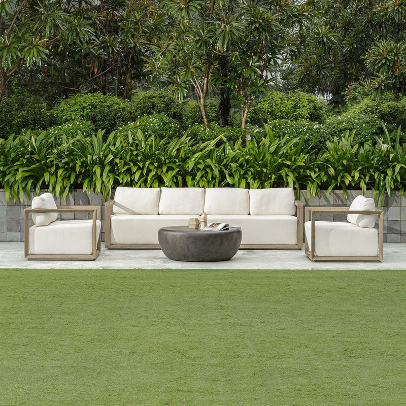 outdoor sofa weathered gray finish upholstered seat 