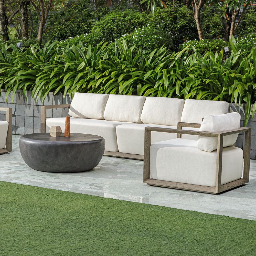 outdoor sofa weathered gray finish upholstered seat 