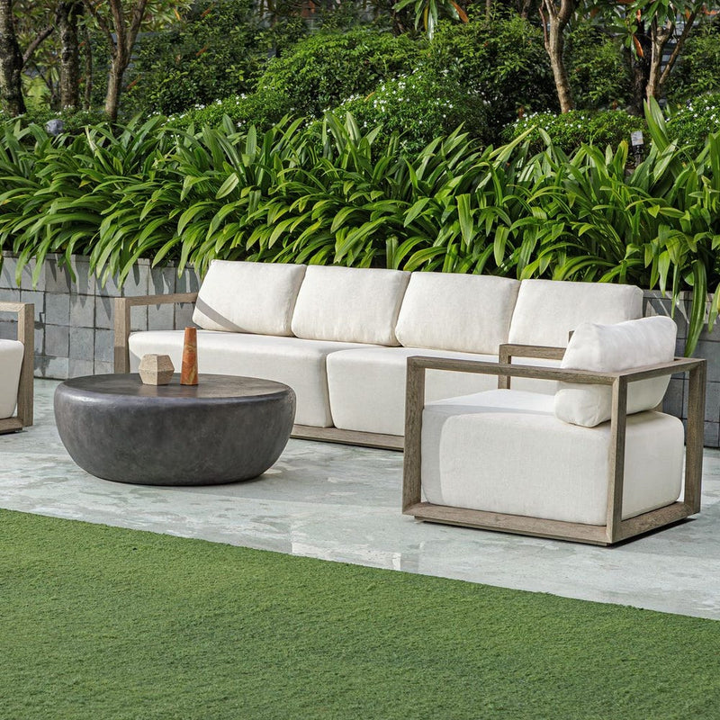 outdoor sofa weathered gray finish upholstered seat 
