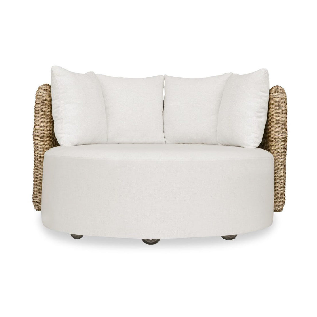 White cushioned chair with wicker armrests on a white background