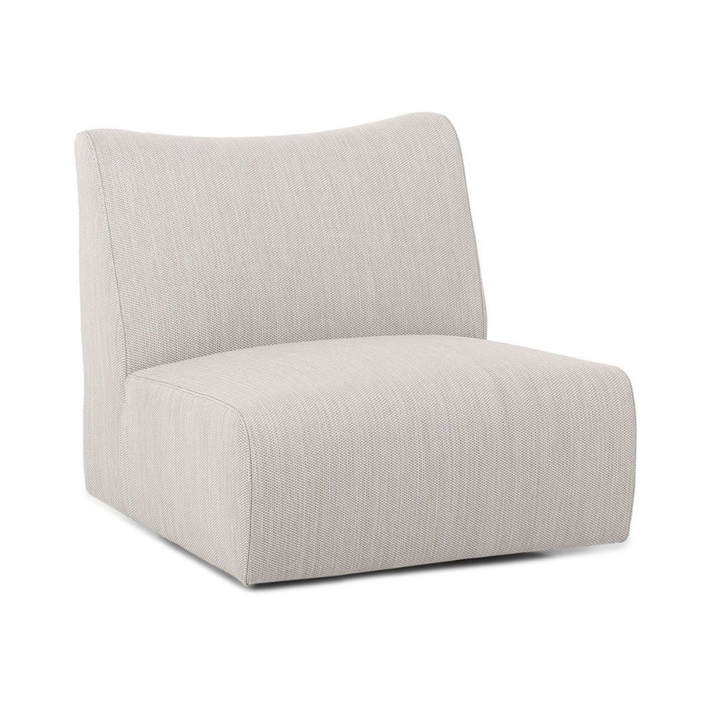 The Atlas Outdoor Swivel Chair by Classic Home features a wide seat, curved back, and fade-resistant fabric in light gray.