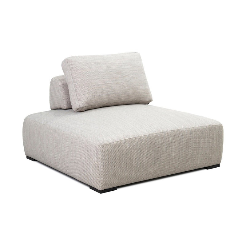 The Nico Outdoor Lounge Chair by Classic Home is a modern, armless light gray seat with a loose cushion and low black base.