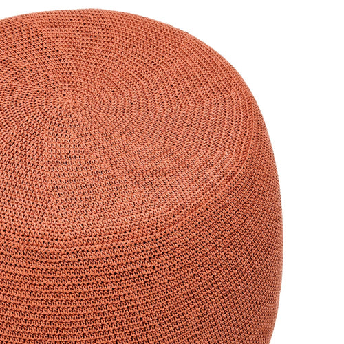 round gumdrop shaped rust colored knit outdoor pouf