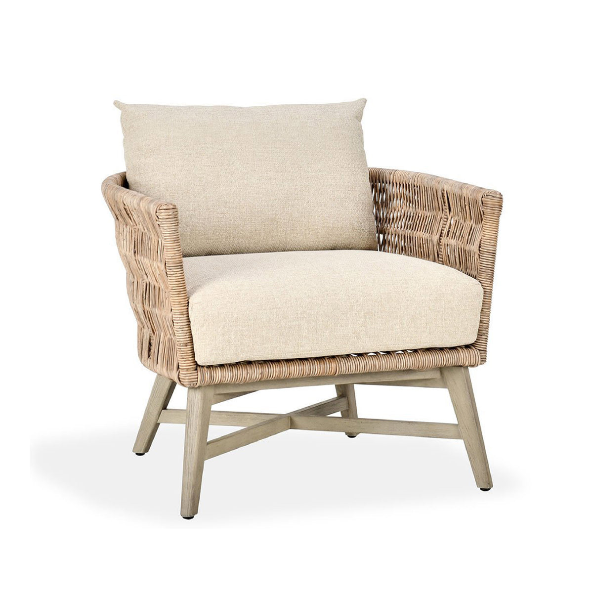 Wicker armchair with beige cushions on a white background