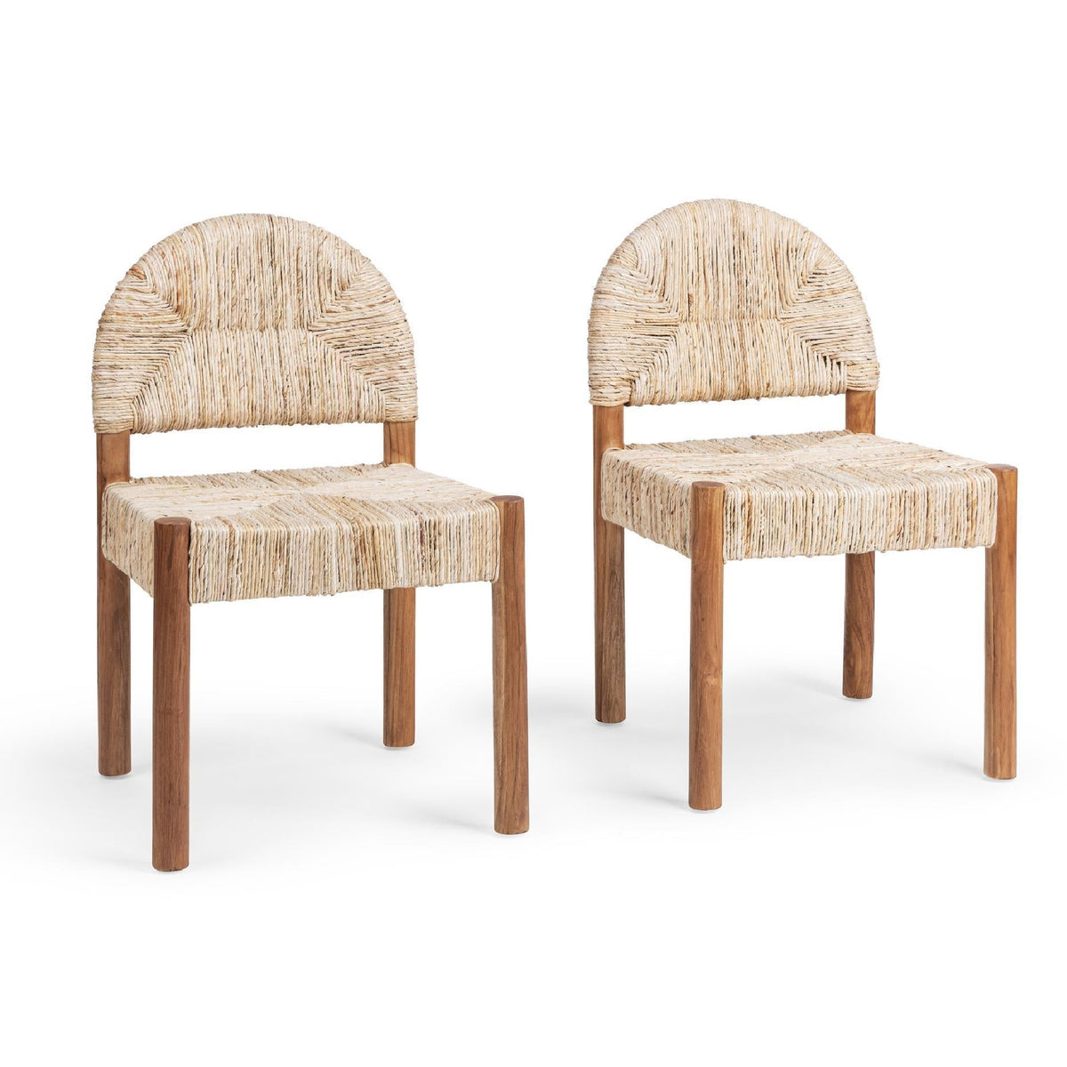 Two matching dining chairs with woven natural-fiber seats and backs and medium brown wooden legs, shown on a clean white background.