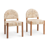 Two matching dining chairs with woven natural-fiber seats and backs and medium brown wooden legs, shown on a clean white background.