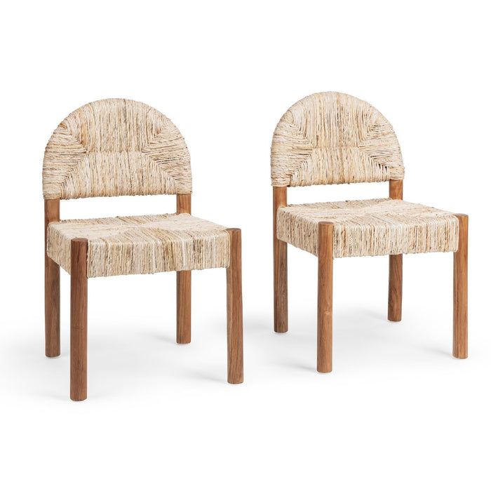 Two matching dining chairs with woven natural-fiber seats and backs and medium brown wooden legs, shown on a clean white background.