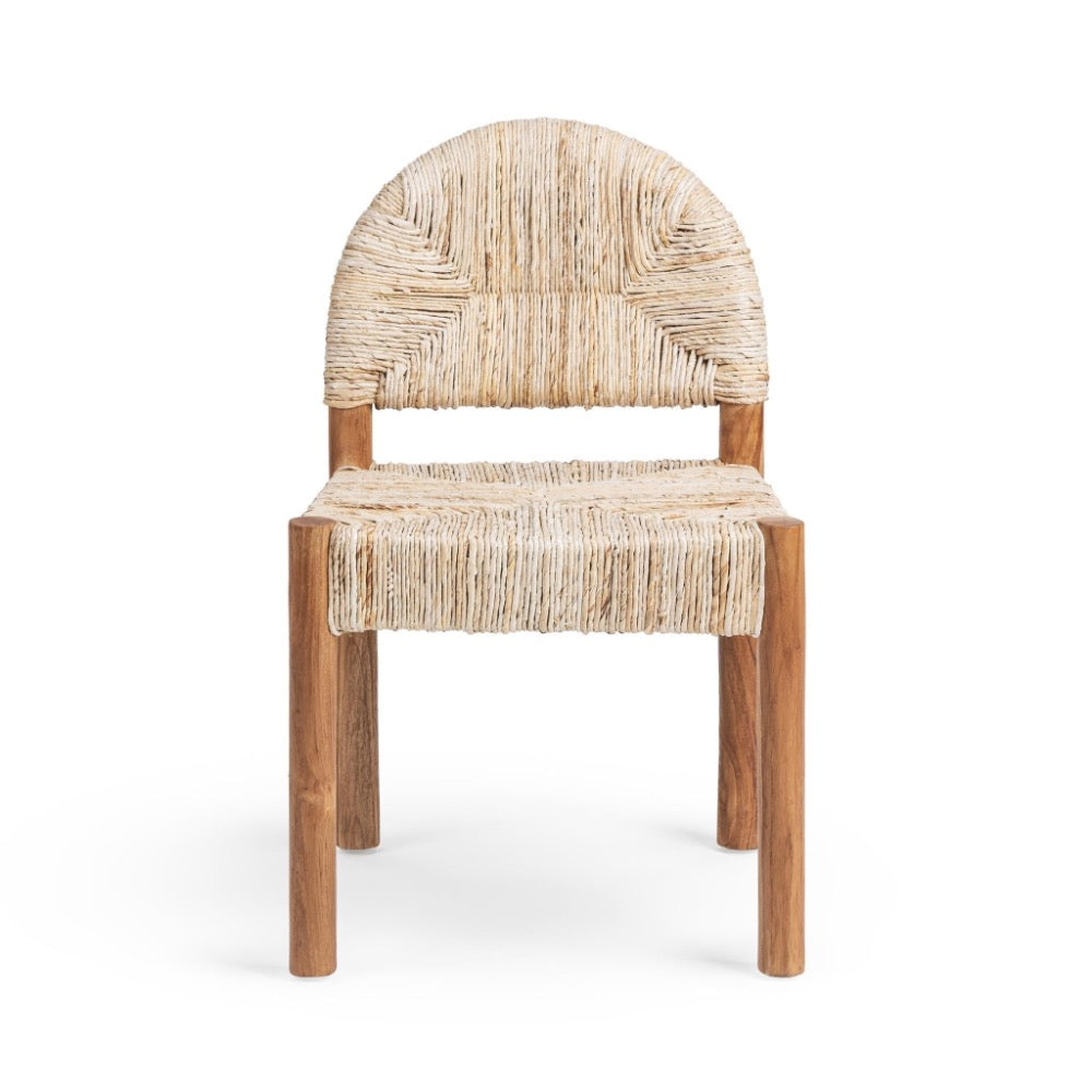 A modern accent chair featuring a natural woven seagrass or straw seat and backrest with a warm medium-brown wooden frame, shown against a plain white background.