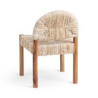 A small wooden dining chair with a woven natural fiber seat and curved backrest, shown on a clean white background.